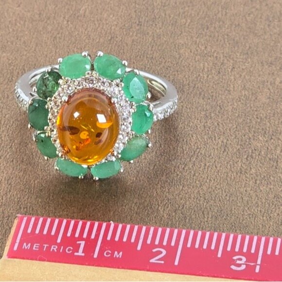 925 Sterling Silver Ring with Natural Amber & Emerald Gemstones - Picture 12 of 15